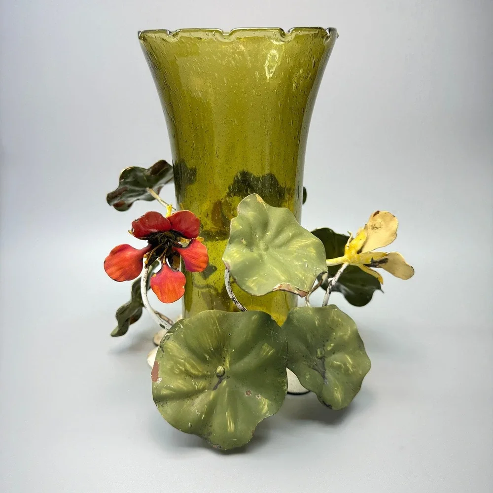 Vintage Walter Hatches Floral Tole Green Hurricane Glass Table Candle Holder